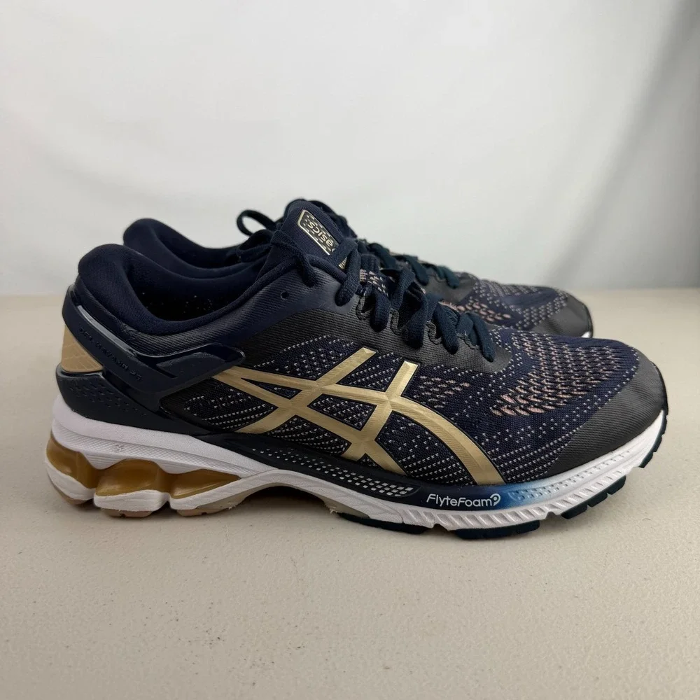 Asics Gel Kayano Womes 26 Navy Blue Gold Running Shoes 1012A459 Sz 10.5
